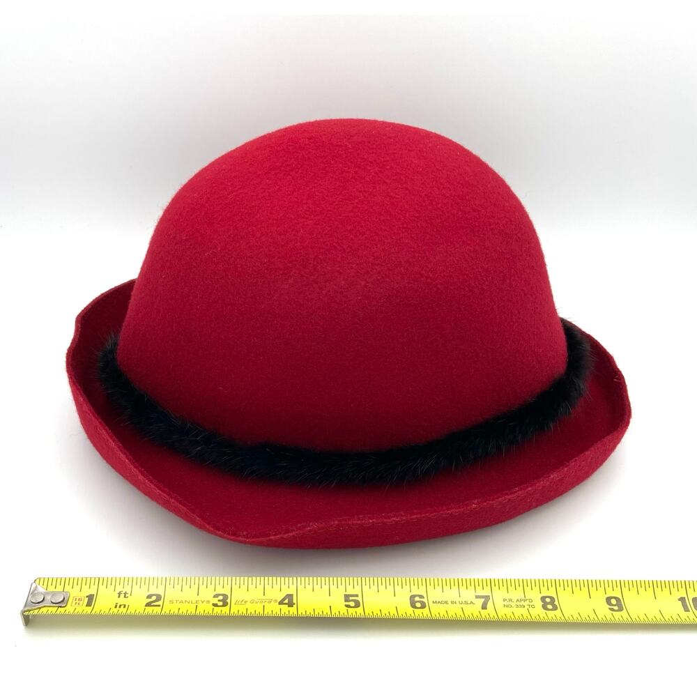 Vintage Liz Claiborne Red Wool Cloche Hat with Mink Fur Trim and Beaded Accent - Picture 13 of 14
